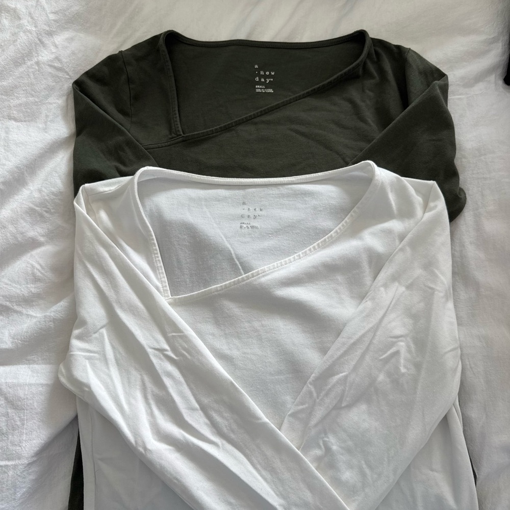 Target Women's Long Sleeve V-Neck Tops - White and Dark Green